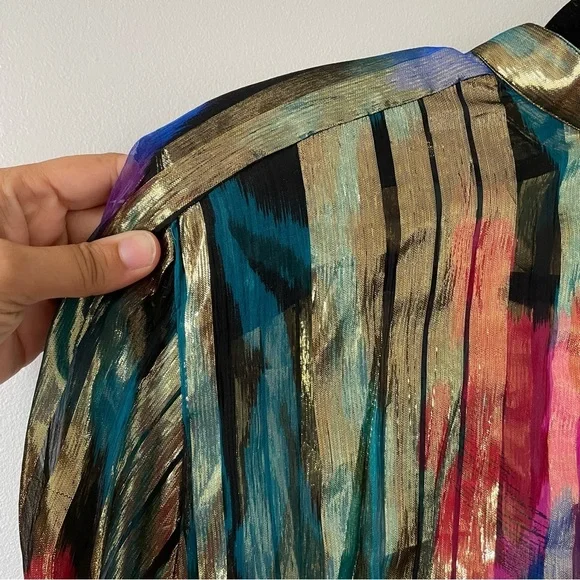 Saks 5th Avenue vintage silk metallic sheer gold blouse shoulder pads sz 4 - Picture 7 of 9